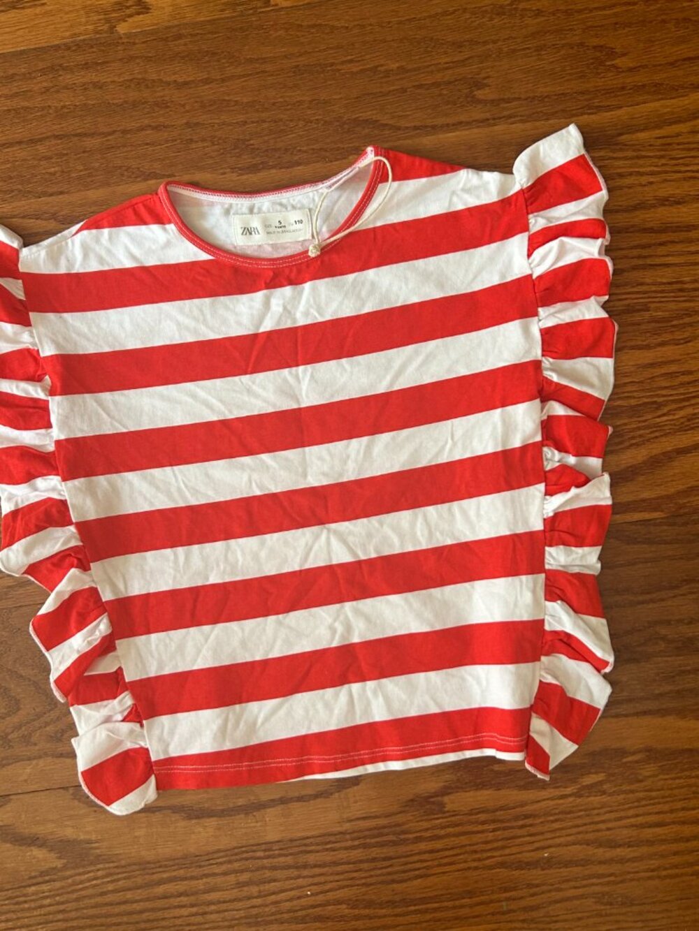 NWOT Zara Little Girls Red and White Striped Ruffle Sleeve Tee Size 5 5T New - Picture 2 of 13